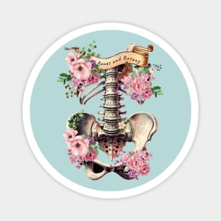 Bones and botany, ribcage full of pink flowers, roses and leaves, Anatomy Art,, thoracicy, black and white, leaves anatomy Ribcage, rib cage, anatomy skeleton Magnet